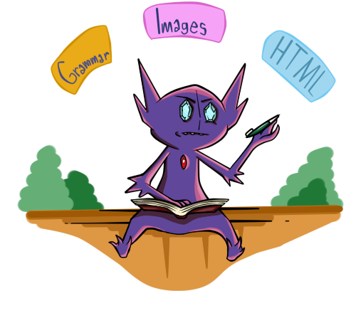 sableye holding a pen, considering how to write an article